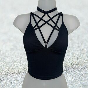 New‎ Medium Black Pentagram Strappy V-Neck Crop Top Sleeveless Blouse Y2k Goth